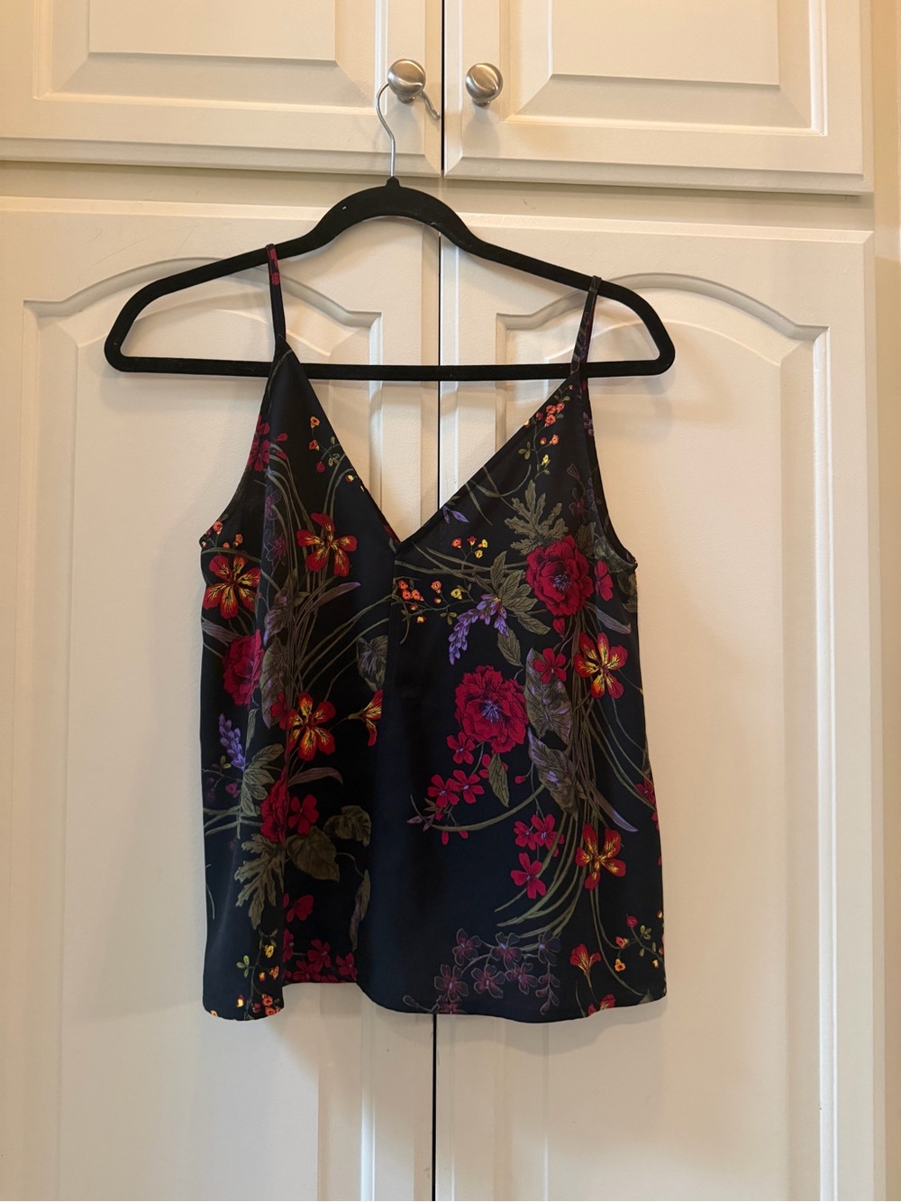 bp Black Satin Floral V-Neck Camisole with Pink & Red Blooms
